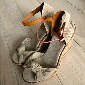 Tory Burch Macy Wedge Platform Espadrille Linen Beige Sandals Women’s Size 6.5